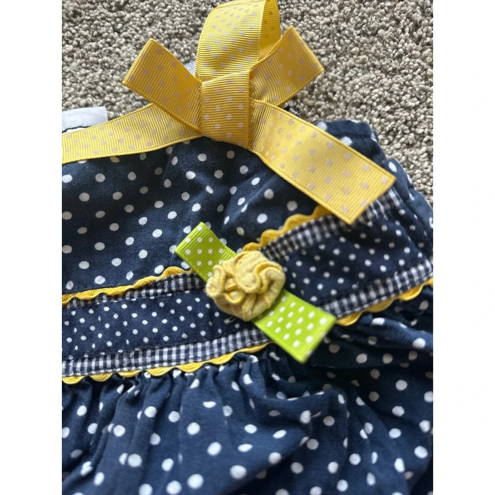 Blueberi Boulevard Navy Polka Dot Dress Yellow Ribbon Bows Rosettes Kids 12M